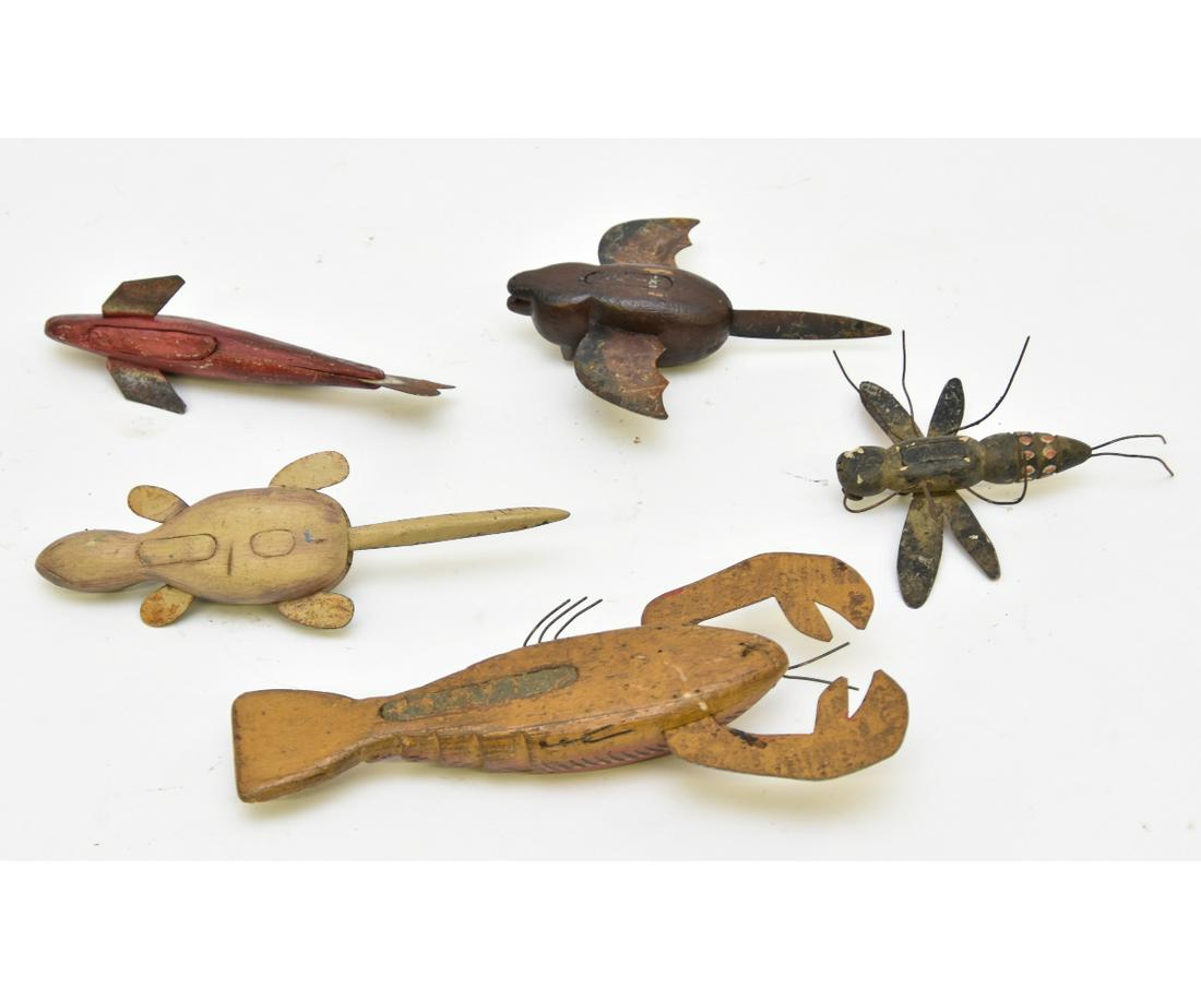 Ice Fishing Lures: Five Minnesota Folk Art ice fishing lures including a lobster 10"l and a bat 6.5"l