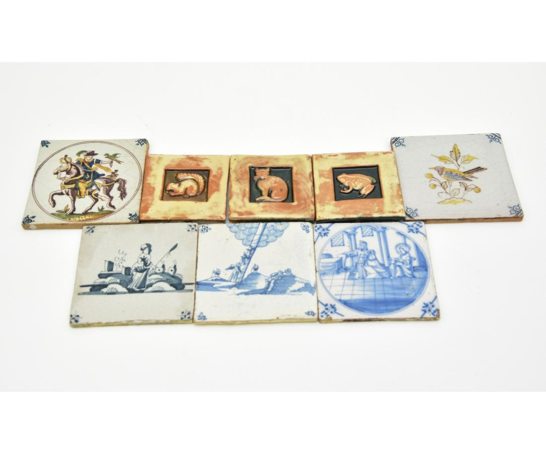 Five Delft Tiles etc.: Five Delft tiles of birds, rider, Jacob's ladder etc., each 5" x 5"; together with three Mercer Tile reproductions, each 4" x 4"