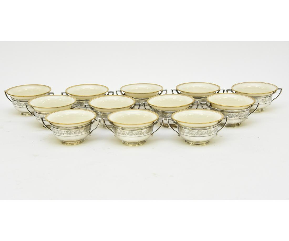 Set of Twelve Lenox Bullion Cups: Set of twelve Lenox and sterling silver bullion cups 2.25"h x 4"dia