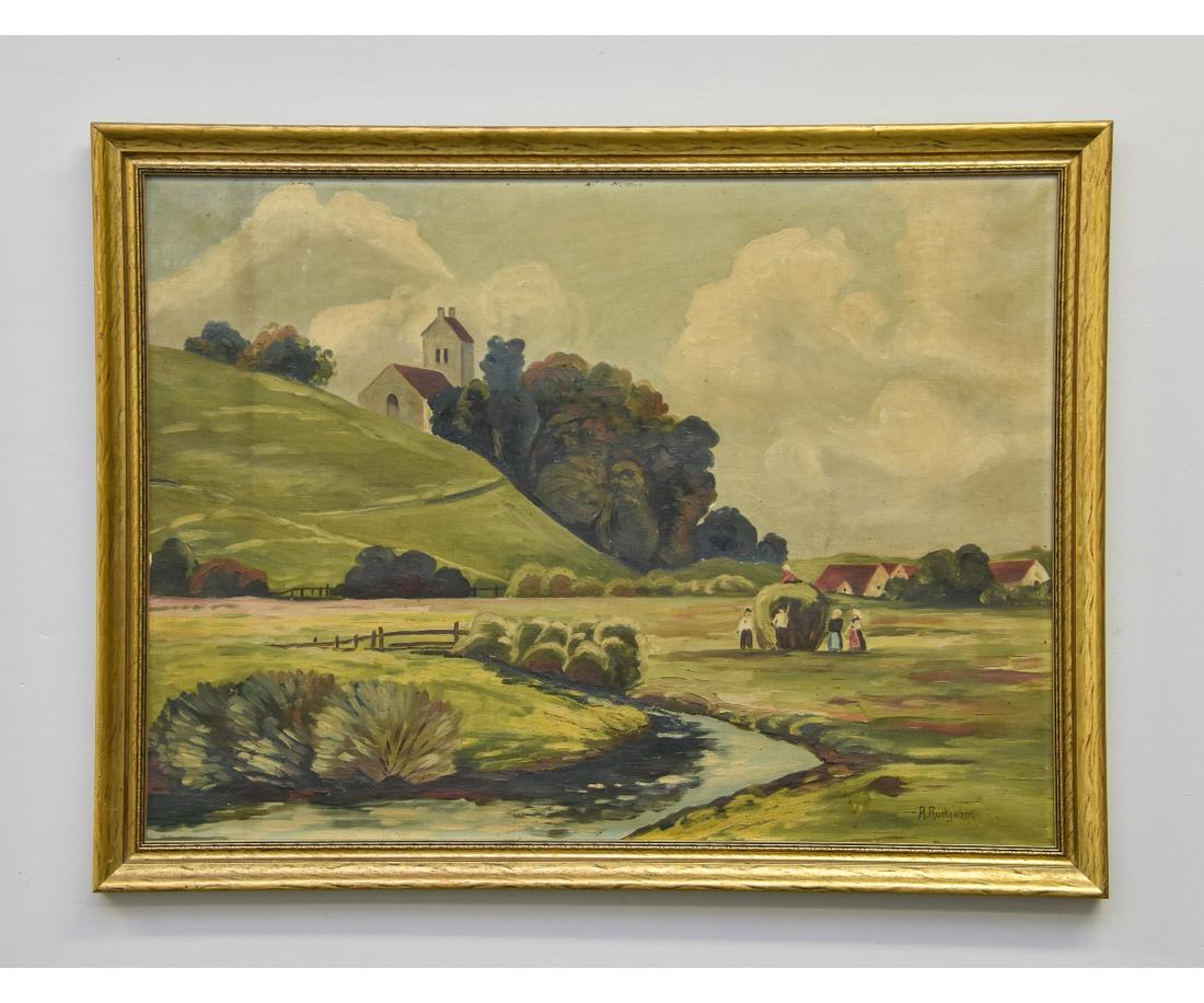 R. Ruckgaber Lanscape: R. Ruckgaber oil on canvas laid down on masonite, farm landscape mounted in a gilt frame 27.75" x 37.5" sight size / 32" x 42" overall