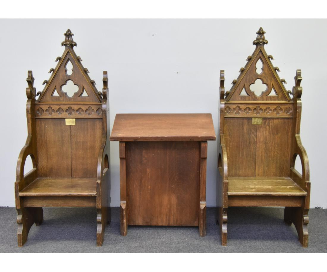 Pair of Oak Gothic Style Church Chairs: Pair of oak Gothic style church chairs each with memorial brass plaques, each 61"h x 24"w x 20"d / seat height = 16"; together with an oak bible stand 35.5"h x 30"w x 16"d