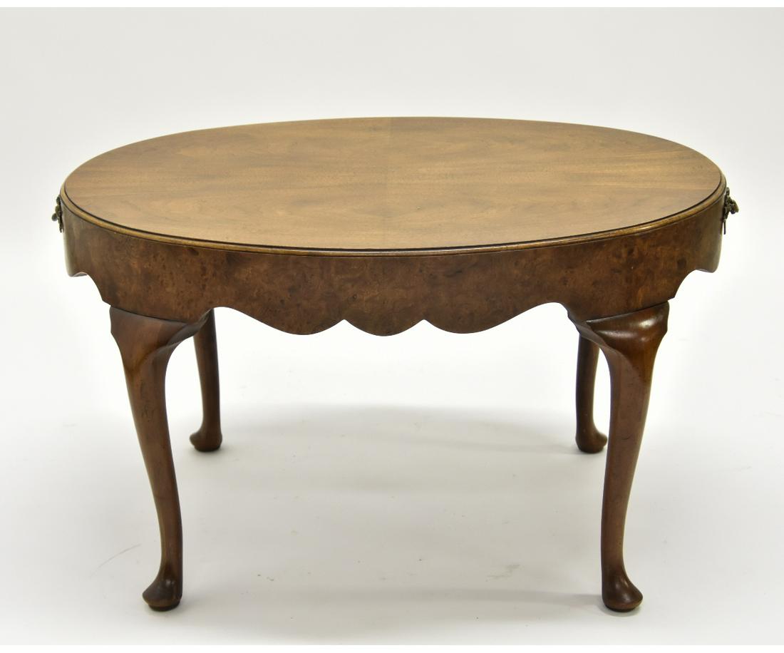 Baker Queen Anne Style Table: Baker Furniture Co. Queen Anne style oval mahogany burl wood coffee table with brass pulls 20"h x 35"w x 27"d