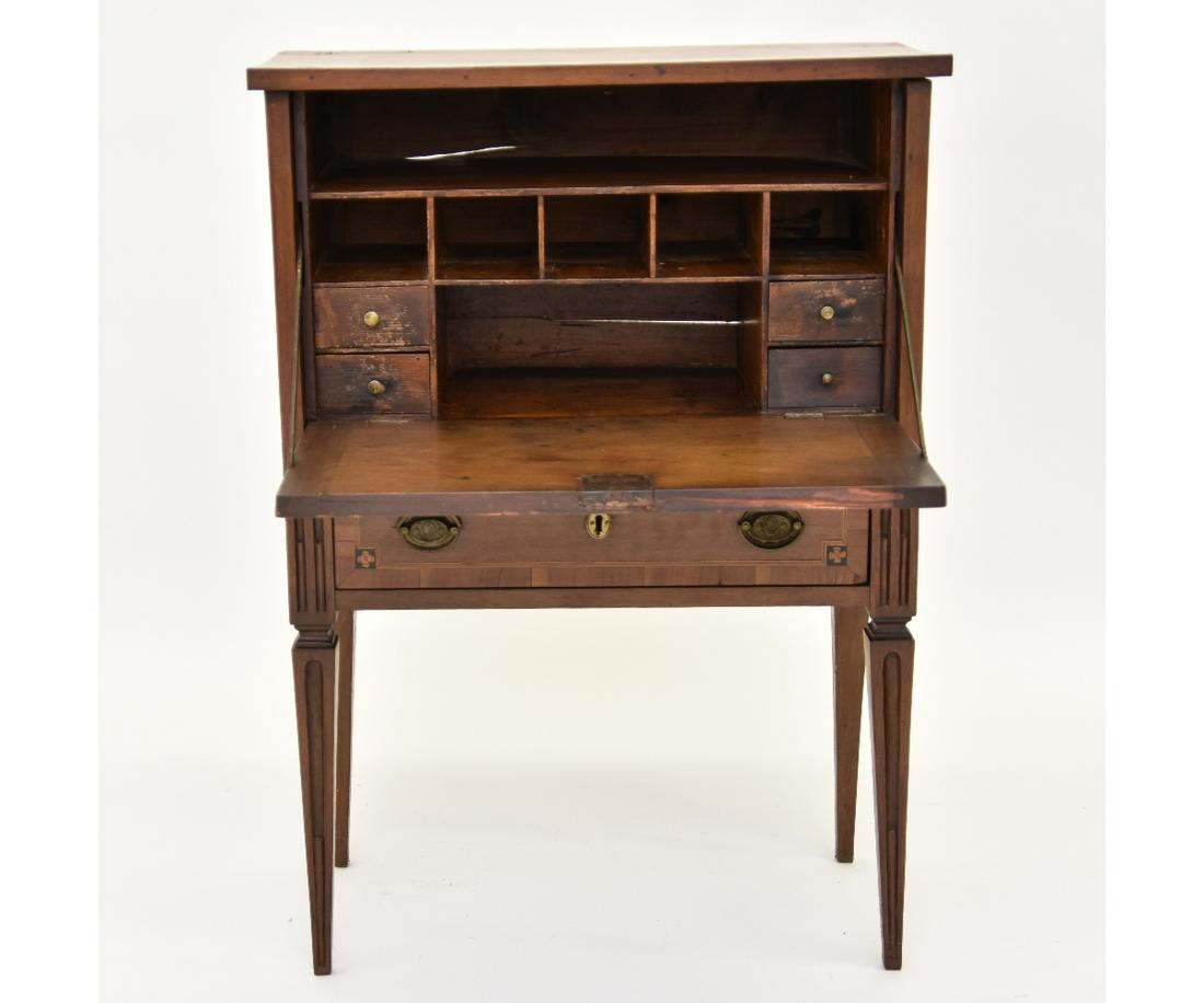 Secretarie Abbatant: Continental fruitwood inlaid secretarie abbatant 40"h x 28"w x 14"d / writing height = 25.75