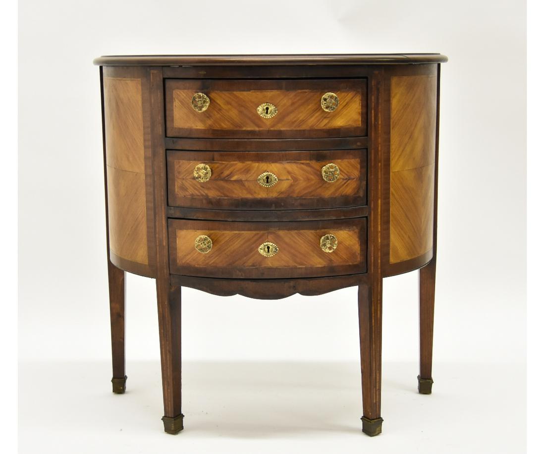 French Demi-lune Console Table: French demi-lune mahogany console table with three fruit wood drawer fronts, circa 1900 32.5"h x 32.5"w x 17.5"d