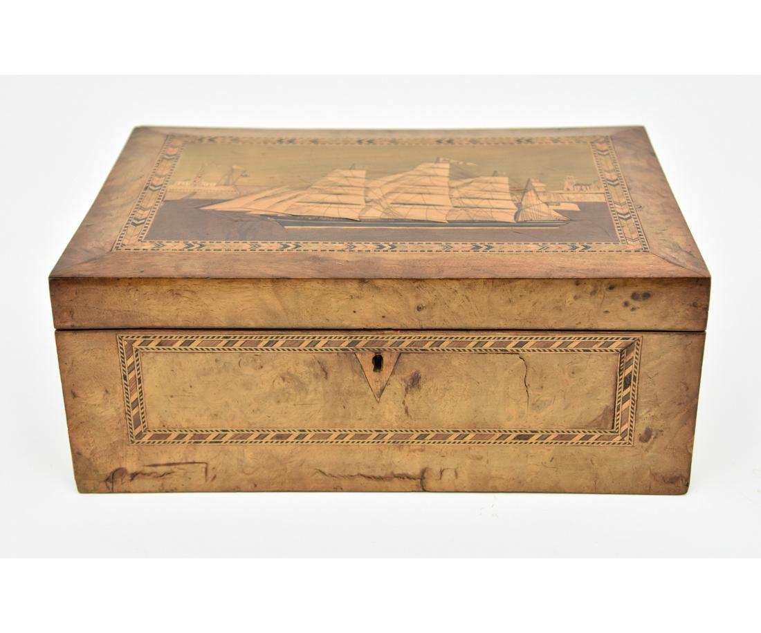 English Burl Wood Sewing Box: English burl wood sewing box with inlaid clipper ship lid, circa 1870 5.5"h x 13"w x 9"d