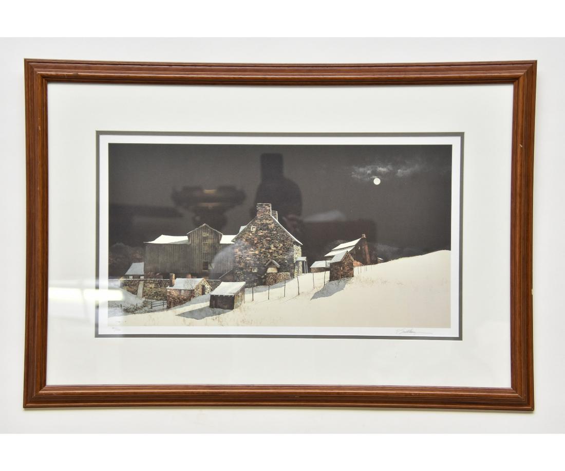 Peter Sculthorpe Lithograph: Peter Sculthorpe (American, b. 1948), limited edition signed lithograph farmhouse under moonlight 12.75" x 23" sight size / 23" x 32.25 overall