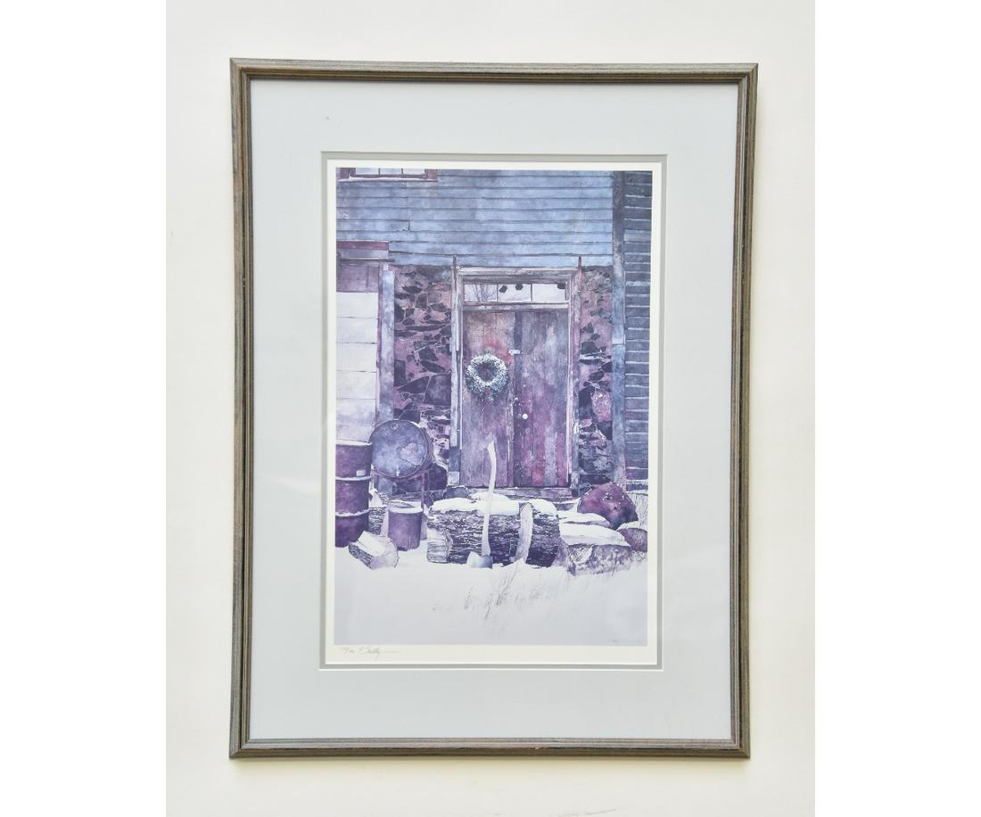 Peter Sculthorpe Lithograph: Peter Sculthorpe (American, b. 1948), limited edition signed lithograph 135/500 "Christmas at the Forge" 19" x 12.5" sight size / 26" x 19.5" overall