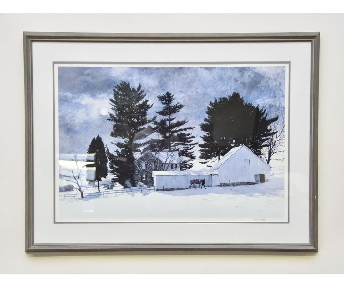 Peter Sculthorpe Lithograph: Peter Sculthorpe (American, b. 1948), limited edition signed lithograph 70/500 winter scene with horse and dismounted rider 20" x 28" sight size / 29" x 38" overall