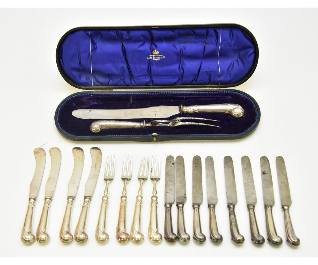 Grouping of English Silver Forks and Knives: Assembled grouping of sixteen English silver pistol grip forks and knives, 18th-20th c.; together with a cased carving set by Elkington, case 16.5"l; largest knife 8.5"l