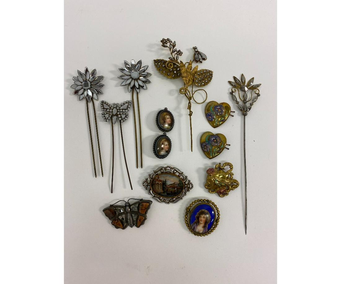 Victorian Jewelry and Hair Accessories: Grouping of mid to late 19th c. hair sticks and broaches to include three white Vauxhall hair sticks (largest 4.75"h x 1.5"w) and two gilded metal and white Vauxhall glass hair sticks (largest 6.75"h 