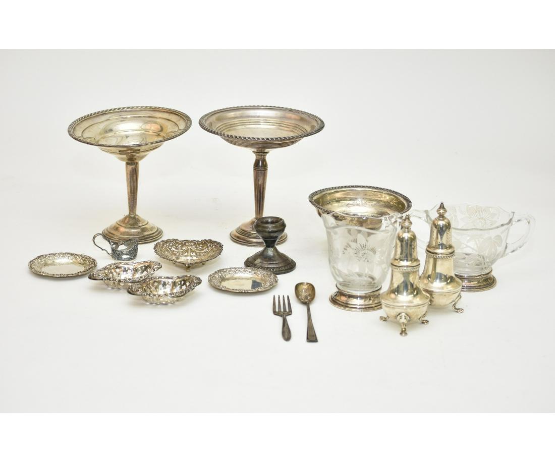 Sterling Silver Tableware: Sterling silver tableware to include two weighted compotes 6"h; pair of salt & pepper shakers, etc.