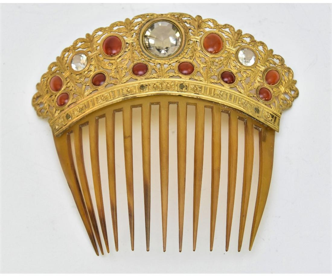 Fine French Ormolu Diadem: Fine and rare French ormolu hair ornament (diadem) set with carnelians and pale citrines, circa 1810-1820, in the Empire style 6" x 5.75"