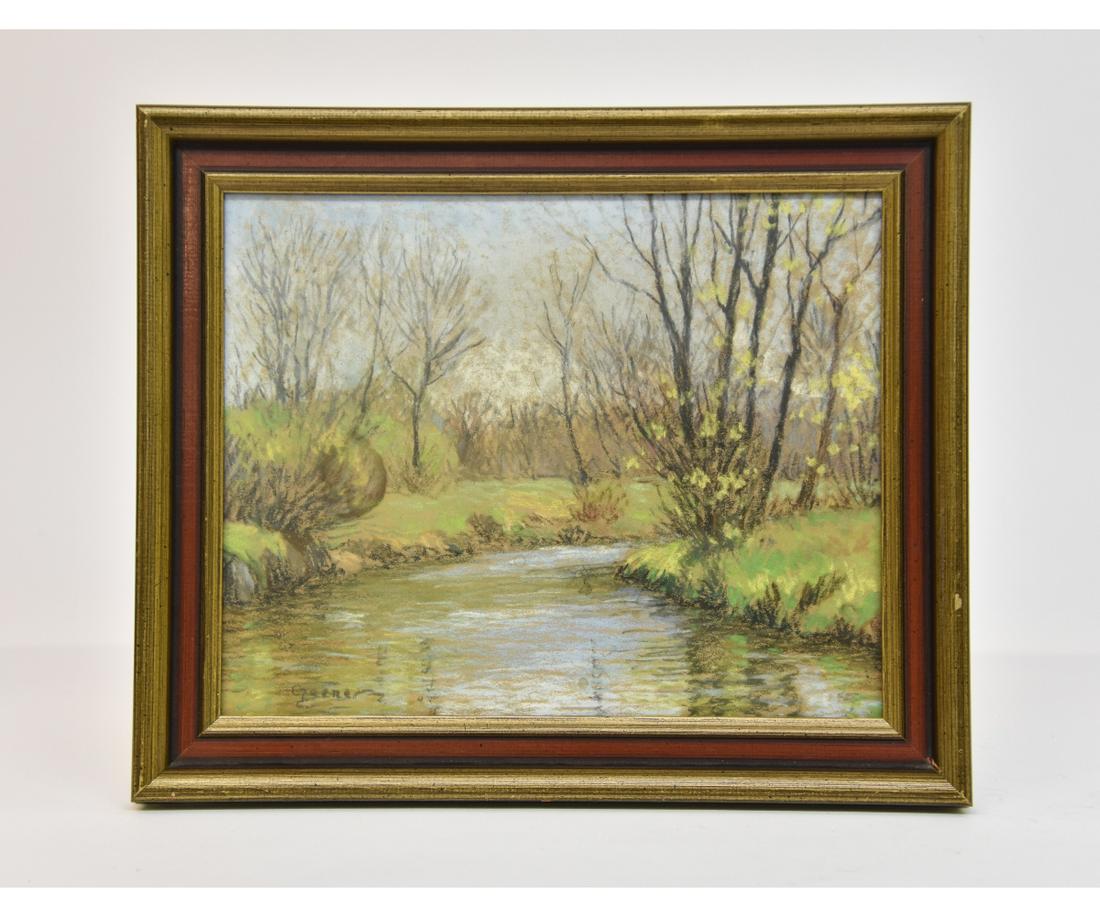 Albert Van Ness Greene Landscape: Albert Van Ness Greene (American, 1887-1971) pastel, spring landscape most likely of the Pickering Creek, Chester Springs, PA 9" x 11.25 sight size / 12" x 14.5" overall