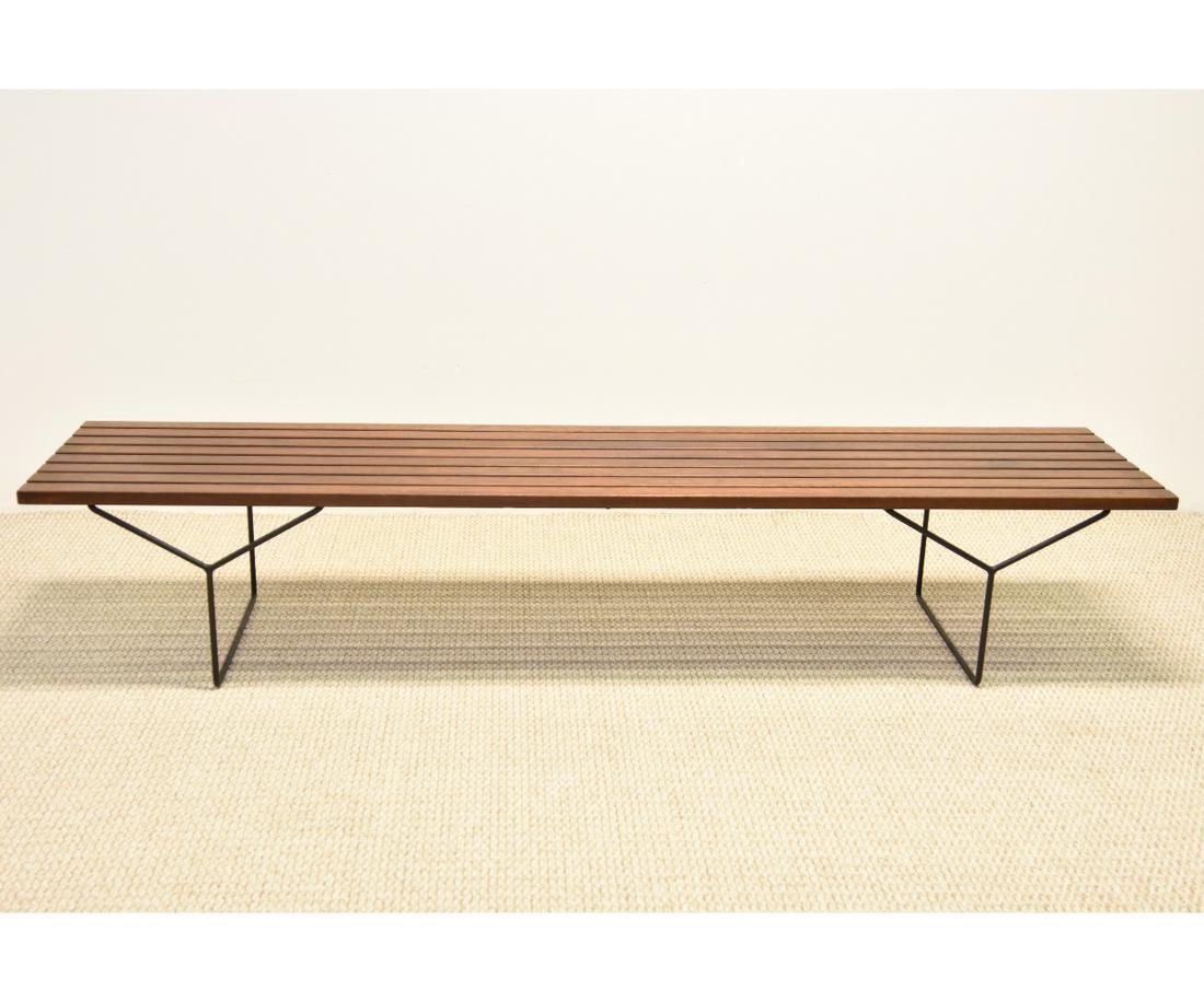 Harry Bertoia Bench: Rare Harry Bertoia (Knoll International) large walnut and enameled steel bench 15.5"h x 82"w x 18.25"d