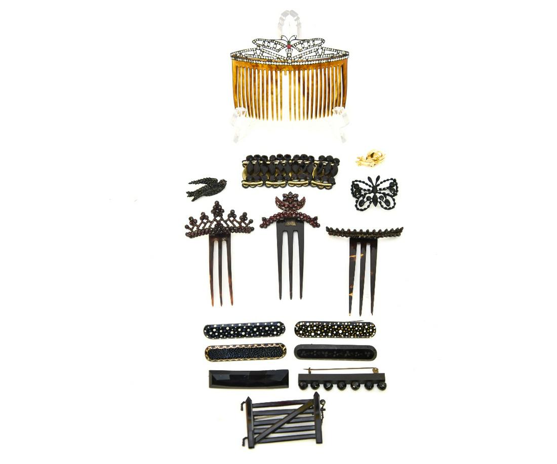 Victorian Jewelry and Hair Accessories: Fifteen pieces of Victorian jewelry and hair combs to include a rubberized comb with a butterfly design of glass stones set in sterling silver 4.25"w x 3"h; three smaller ruby colored Vauxhall combs, 