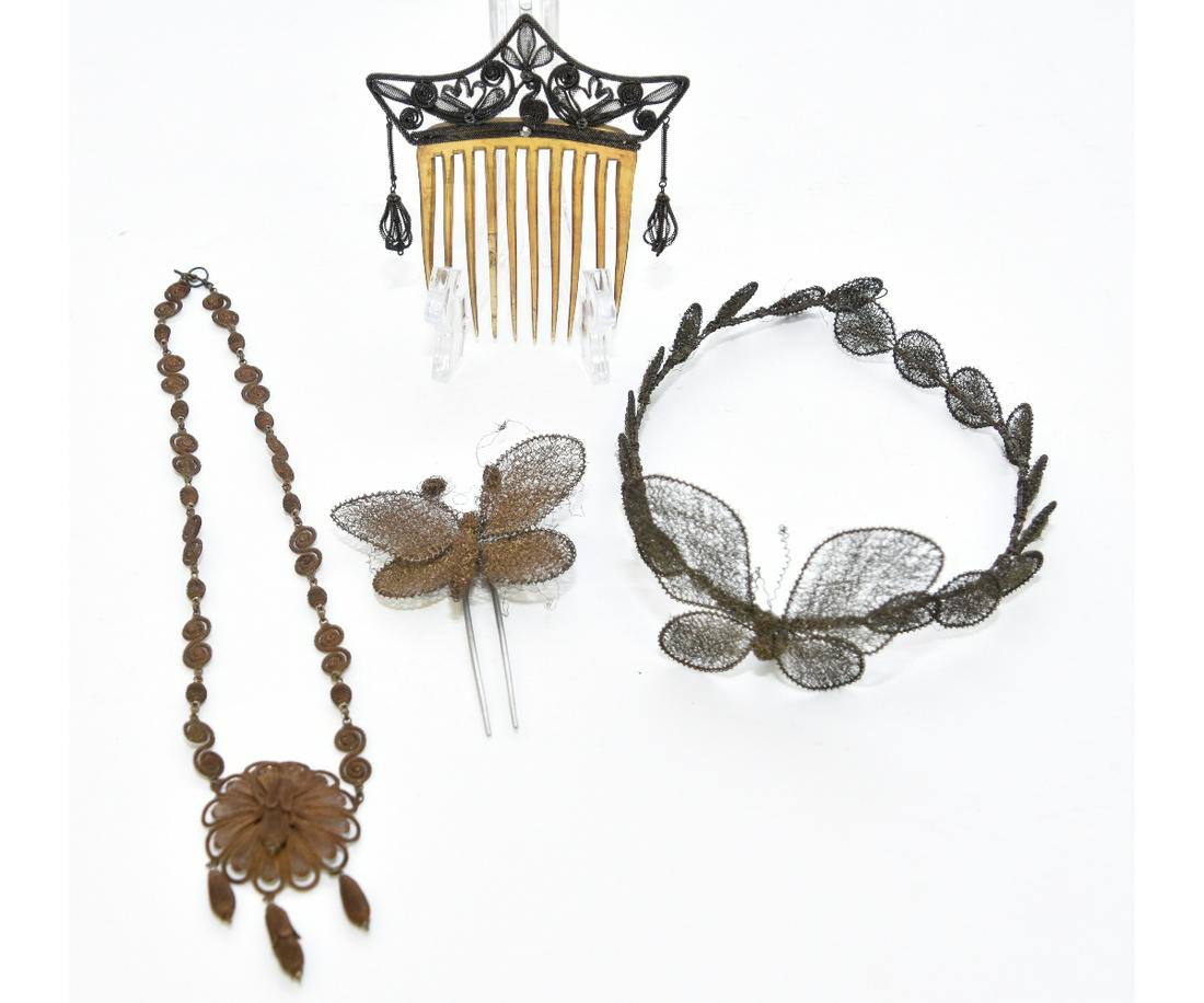 Victorian Hair Ornaments: Victorian fine wire woven hair ornaments to include a butterfly hair wreath and hair pin; a comb with intricate wire woven decoration with hanging pendants; together with woven mesh necklace with pend