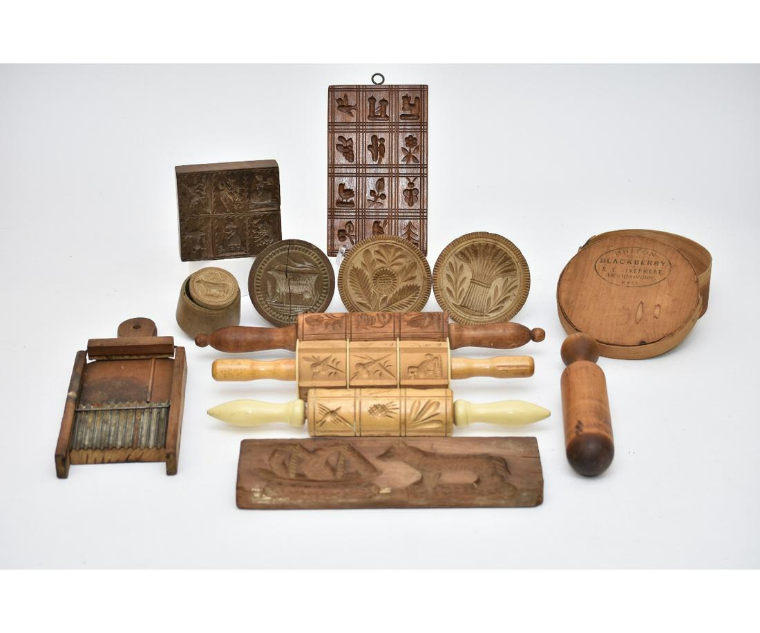 Maple Butter Molds etc.: Early maple butter molds, maple sugar molds, Springerle cookie rolling pins, etc. Largest pin = 15.5"l