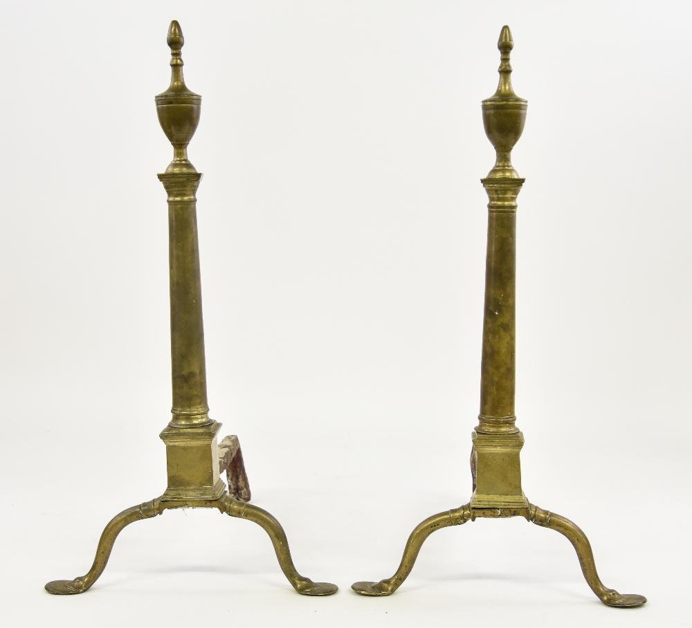 Pair of Federal Philadelphia Brass Andirons: Pair of Federal Philadelphia brass andirons, circa 1790, with urn finials, cylindrical shafts, square plinth and penny feet 23.5"h x 12"w x 15"5"d