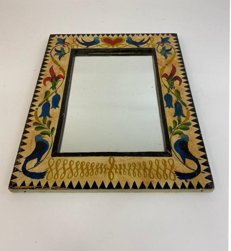 Folk Art Painted Framed Mirror: Peter Hunt Cape Cod artist, folk art painted framed mirror, circa 1940 20" x 16" overall