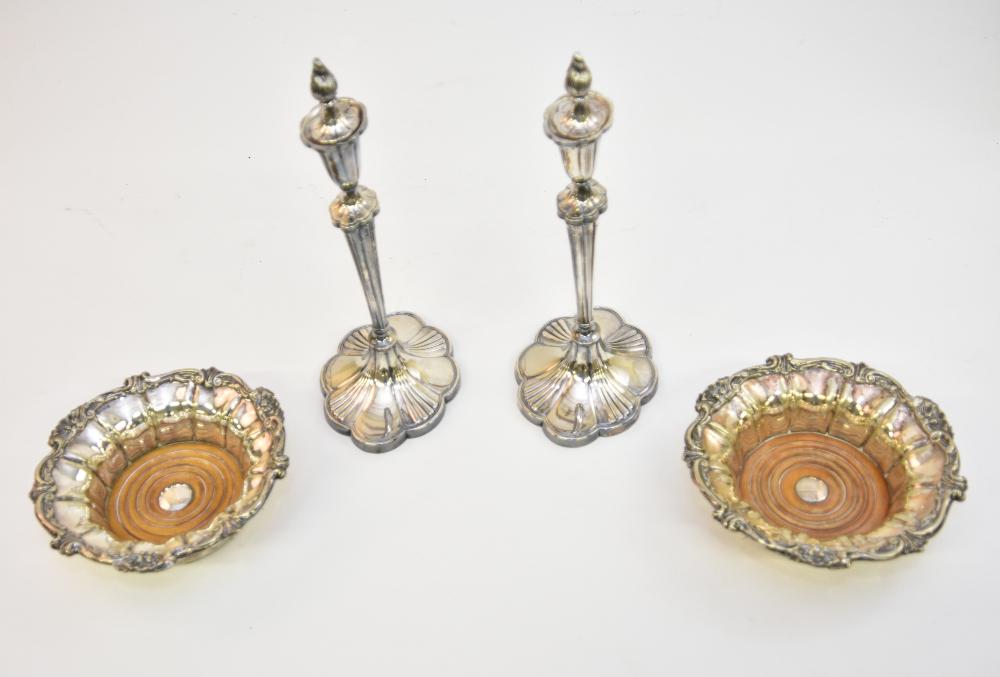 Pair of Large Silver Plated Wine Coasters: Large pair of silver plated wine coasters 2.5"h x 8"dia; together with a pair of Adams style silverplated candlesticks by Gorham 13"h