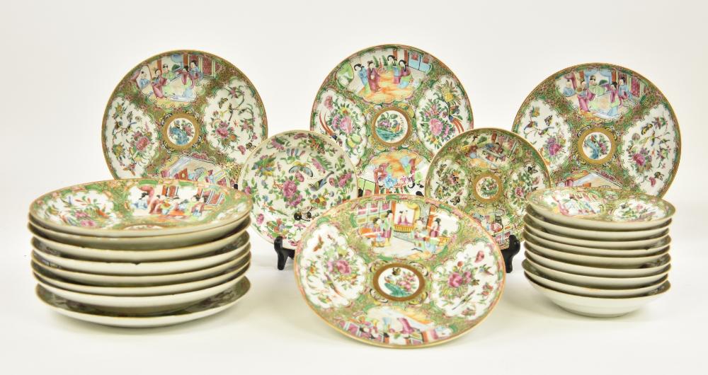 Assembled Rose Medallion Plates and Saucers: Assembled Rose Medallion plates/saucers, twelve plates some deeper at 9.75"dia, 10 saucers at 6.5"dia and another saucer