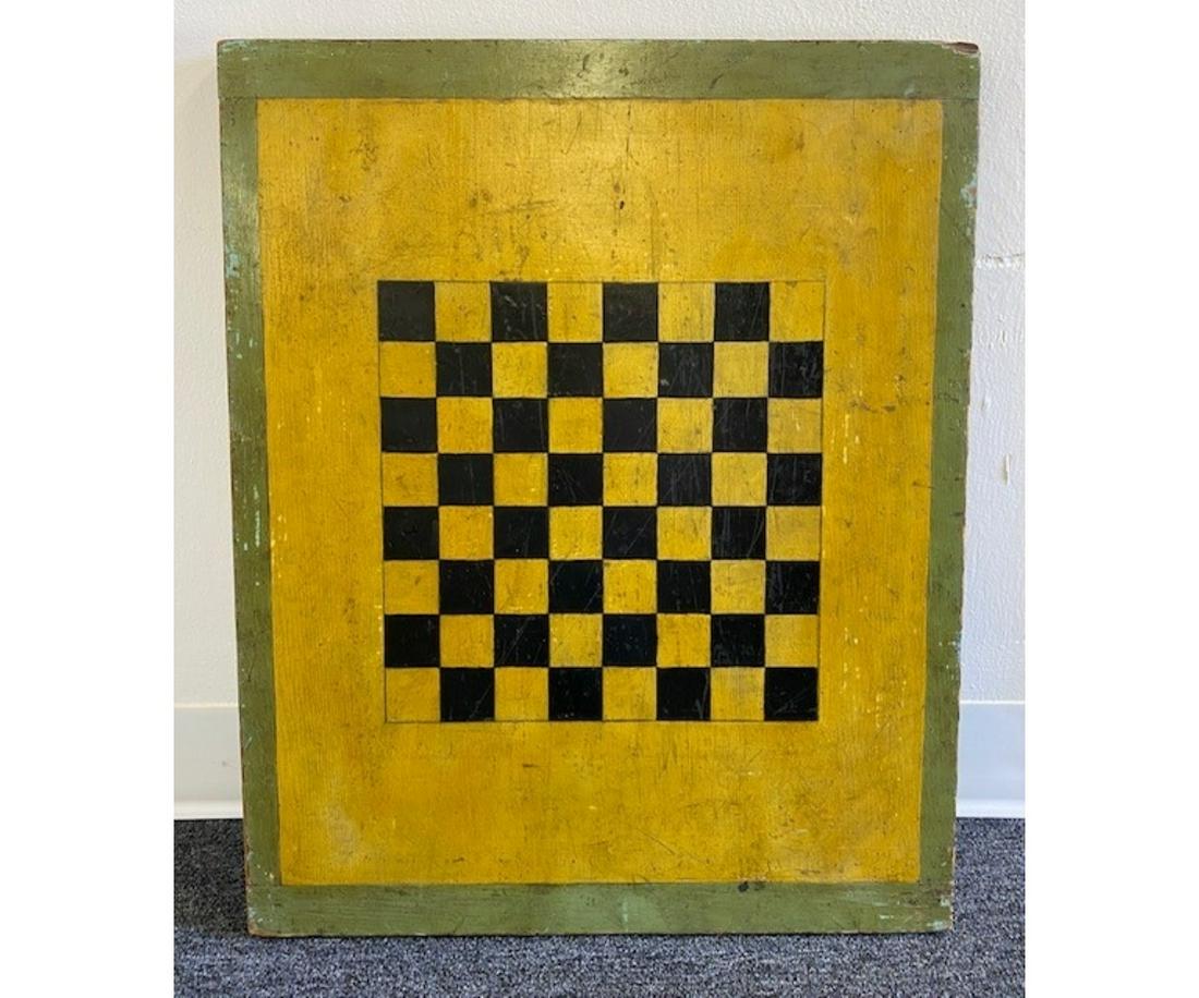 Paint Decorated Gaming/Checker Board: Paint decorated gaming/checker board, 19th c. 24.5"l x 20"w x 1"h