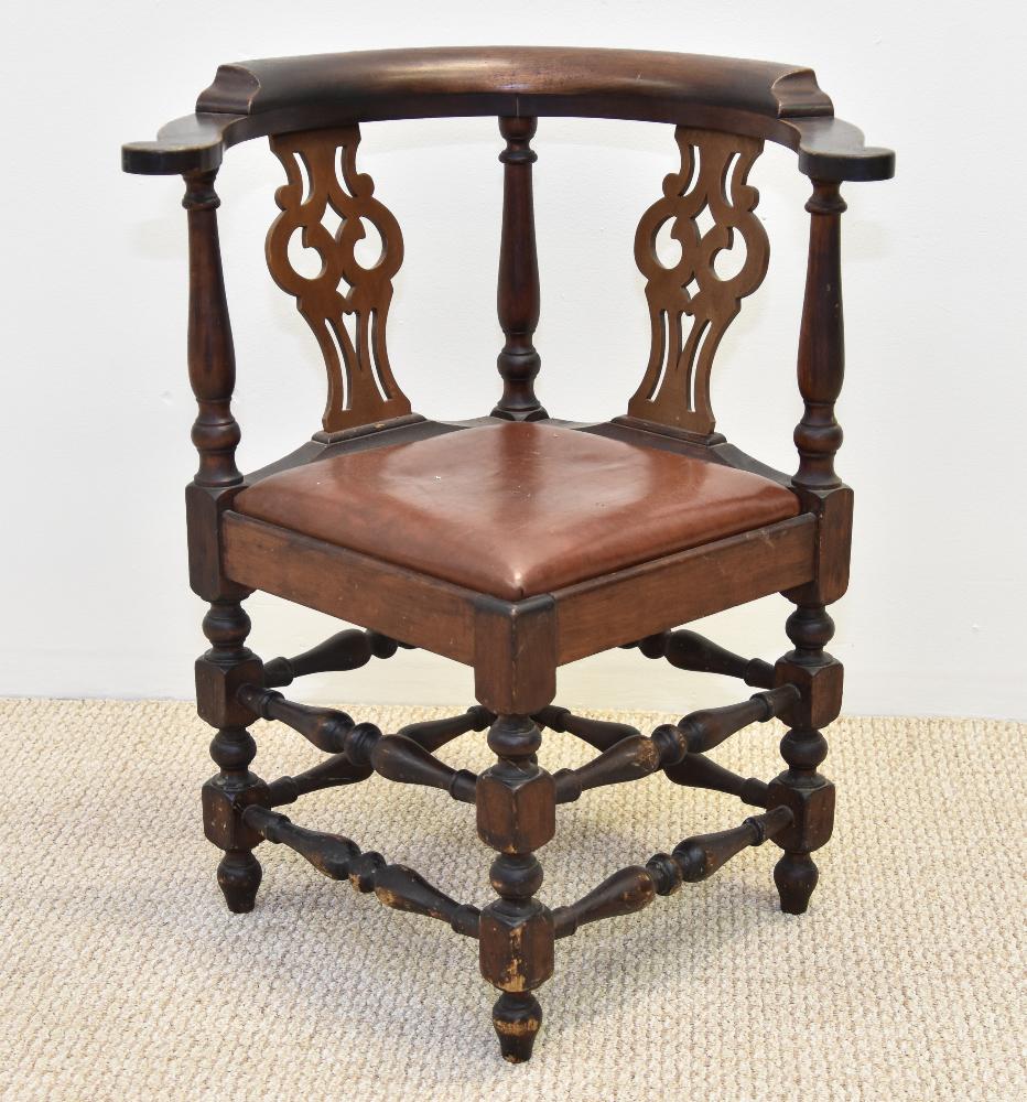 New England Mahogany Corner Chair: New England mahogany corner chair with leather slip seat, early 19th c. 29.5"h x 25.25"w x 22"d / seat height = 18"