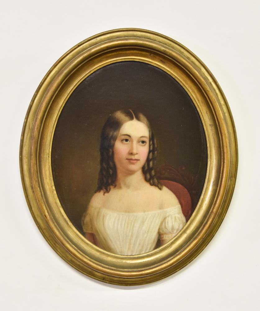 Oil on Panel: Portrait of a young woman, circa 1840, in the manner of Thomas Sully, unsigned 15.5" x 12.75" sight size / 20.5" x 17.5" overall