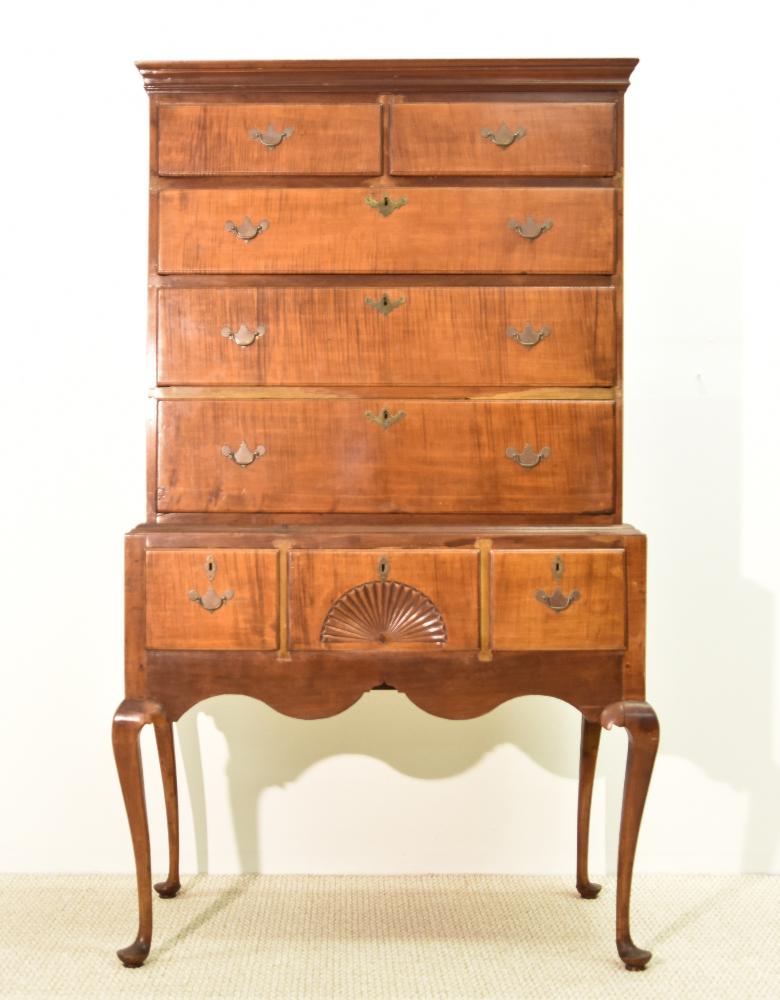 Connecticut Queen Anne Tiger Maple Highboy: Connecticut Queen Anne tiger maple two-part highboy, circa 1770, the back inscribed 'Hanford M. Northam Windsor Locks, Conn', having a molded cornice above two split drawers, above three graduated dra