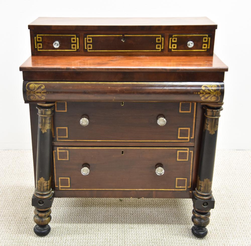 Philadelphia Empire Mahogany Dressing Table: Philadelphia Empire mahogany dressing table, circa 1840, with paint decorated drawers and free standing columns 41.5"h x 37"w x 23"d