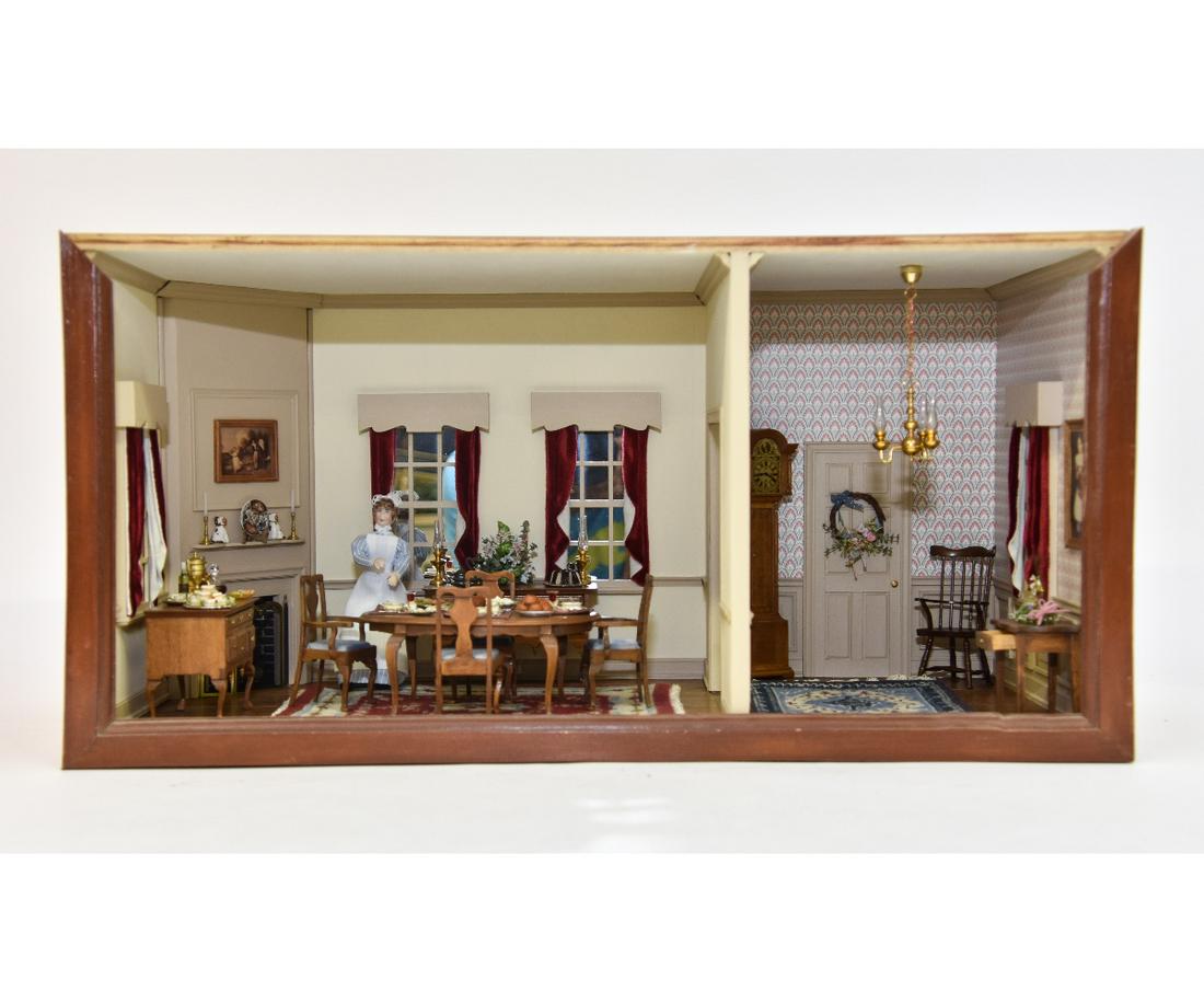 Fine Room Box: Fine room box featuring a Colonial interior setting, wood and plastic construction 12"h x 24"w x 13"d
