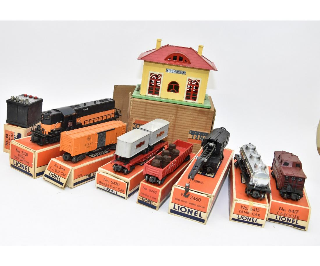 Lionel Trains: Lionel trains, diesel locomotive, six cars, whistle controller and station, all in original boxes