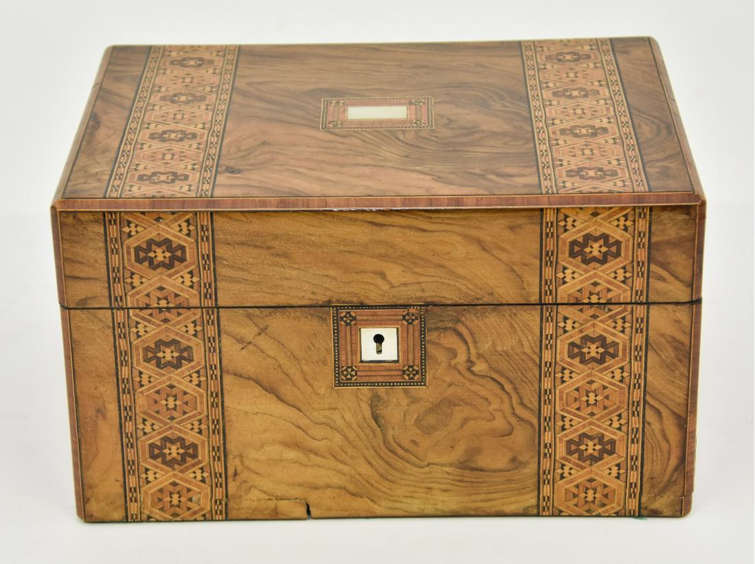 English Inlaid Sewing Box: English inlaid olive wood sewing box, circa 1870, with mother-of-pearl escutcheon 7"h x 12"w x 9"d
