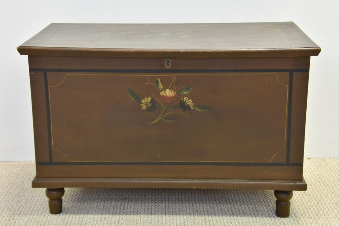 Lancaster County Painted Blanket Chest: Lancaster County brown painted blanket chest, circa 1830, decorated with flowers 38"w x 21.5"d x 24.25"h