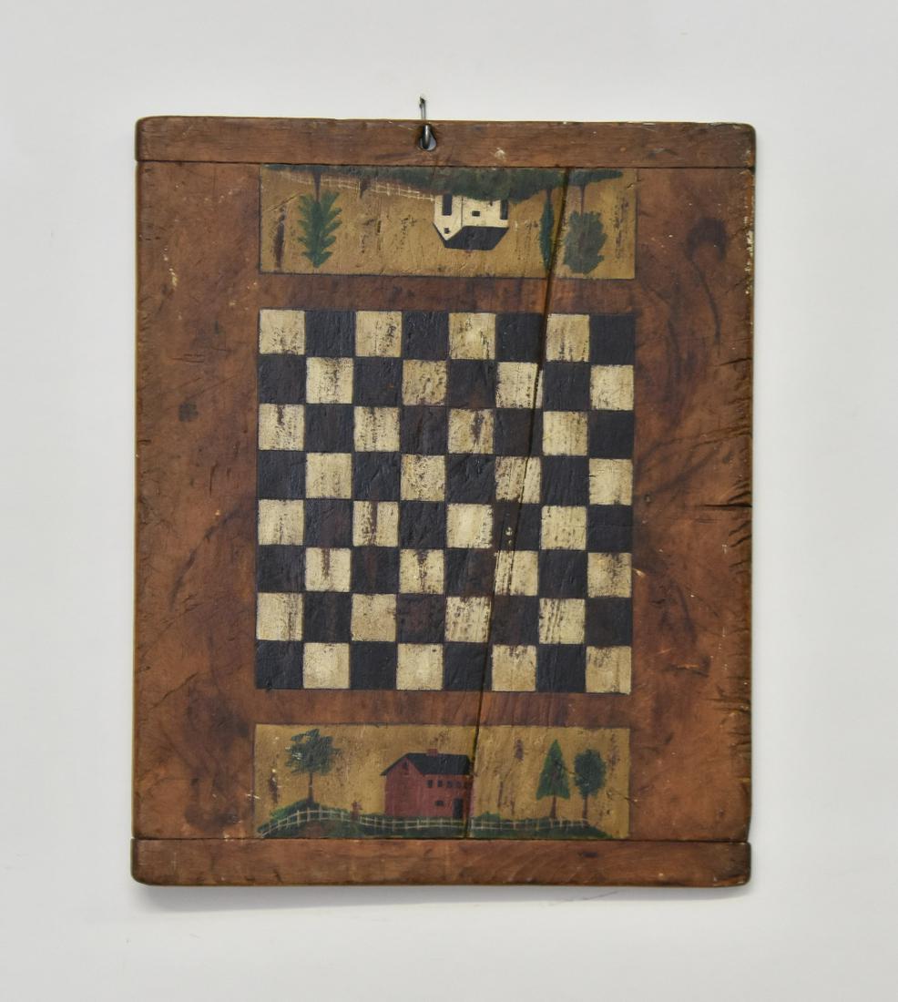 American Pine Game Board: American pine game board, late 19th c., paint decorated with rural farm scenes with bread board ends 19.5" x 24.25"