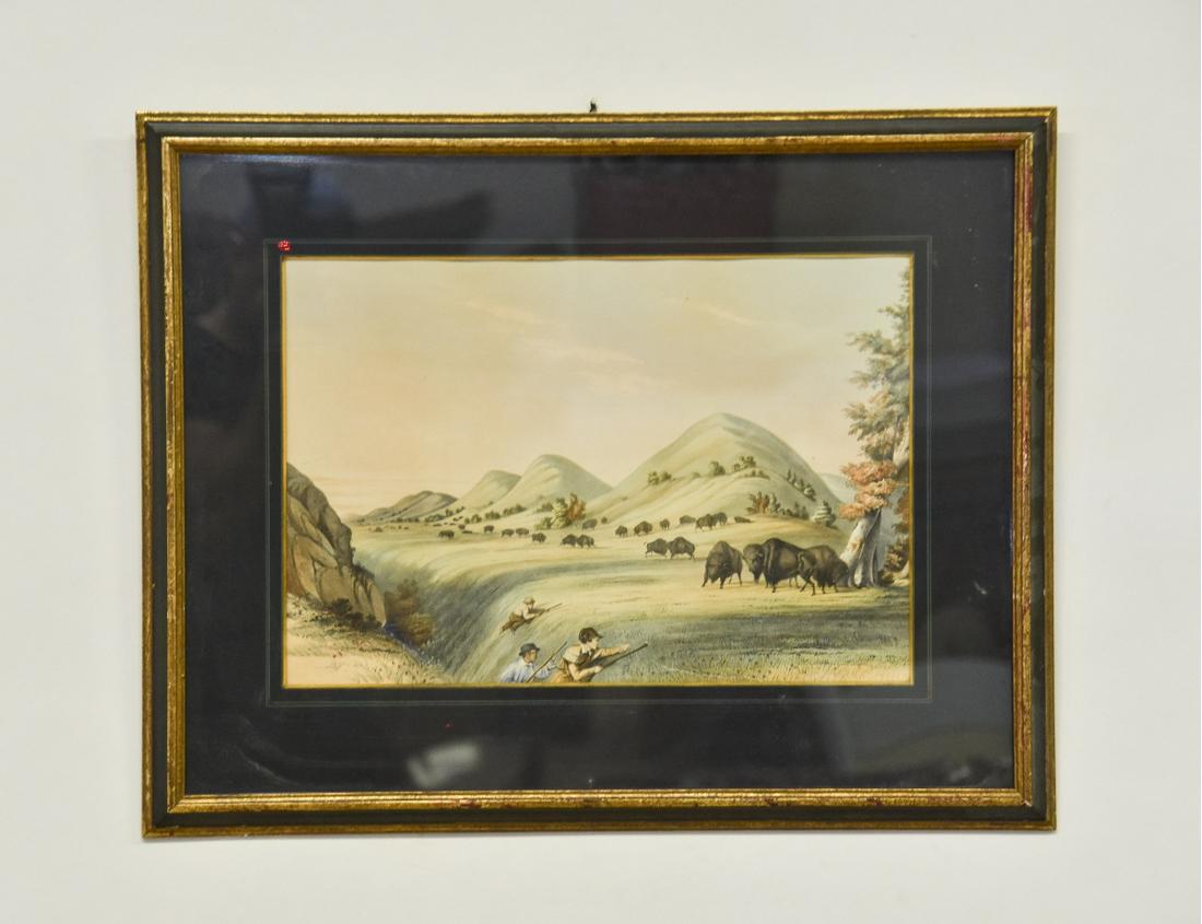 George Catlin Print: George Catlin framed and matted buffalo hunt print titled "Approaching a Ravine" 11" x 16" sight size / 19" x 24" overall