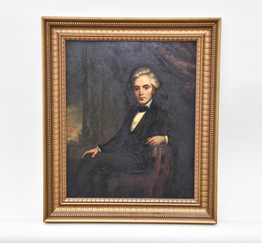 British/American School Oil on Wood: British/American School oil on wood panel of a seated gentleman, circa 1850, unsigned 14" x 11.25" sight size / 18" x 15.5" overall