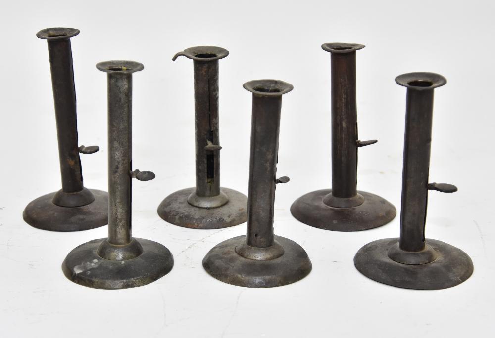 Six Tin Hog Scrapers: Six tin hog scrapers include a pair signed 'Shaw' 7.5"h