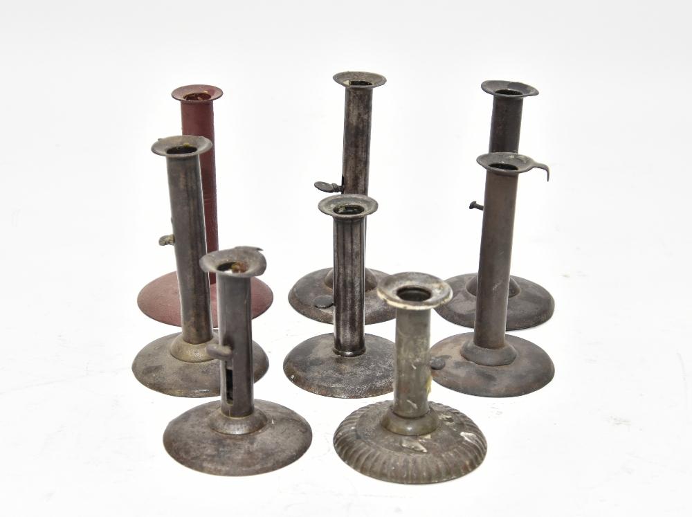 Eight Early Tin Hog Scrappers: Eight early tin hog scrappers, two signed indistinctly Tallest 7.25" x 4"