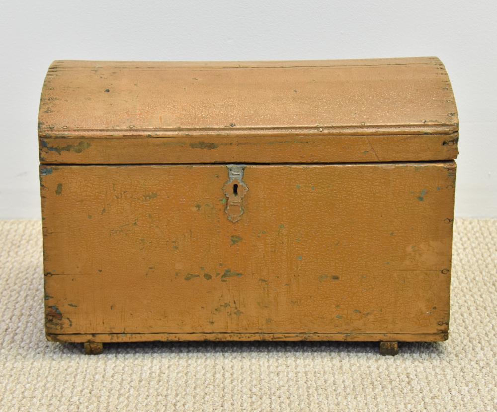 Dome Lid Trunk in Old Mustard Paint: Dome lid trunk in old mustard paint, circa 1840 14"h x 10.5"w x 14"d50