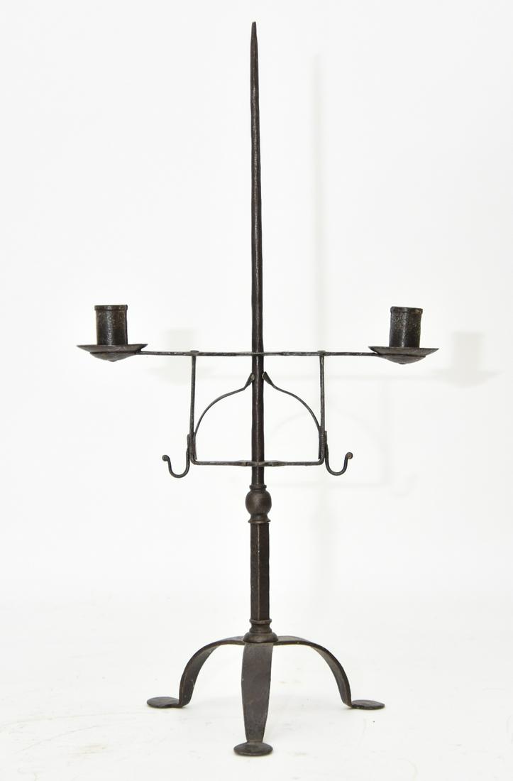 Wrought Iron Double-Arm Lighting Device: Wrought iron double-arm adjustable lighting device, 19th c. 23.5"h x 12"w