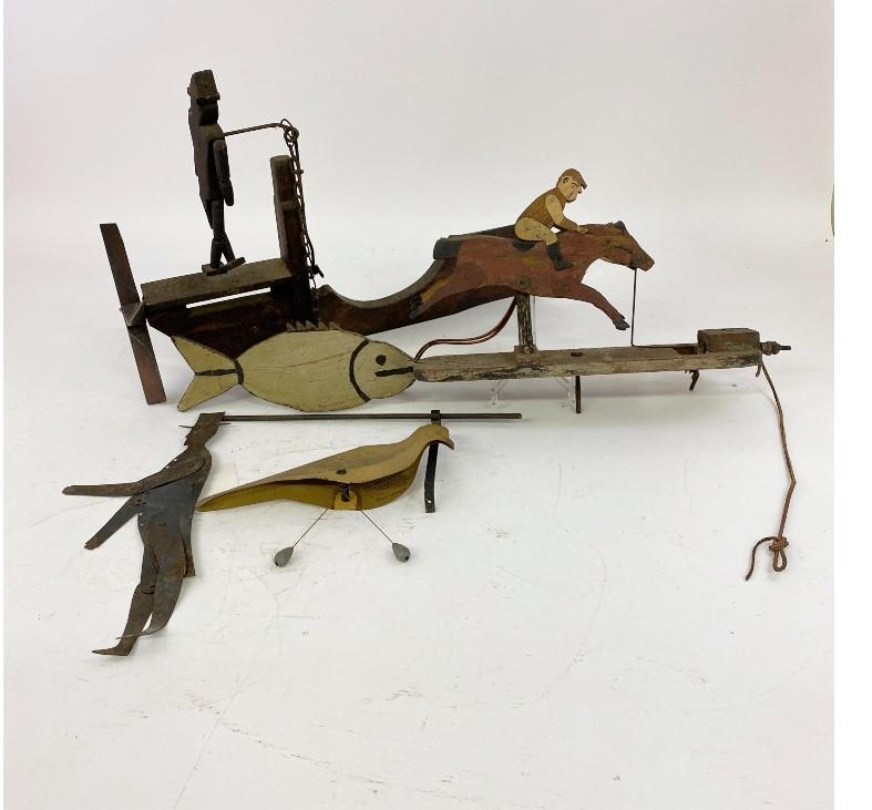 Folk Art Whirly-Gig etc.: Folk art pine whirly-gig of the Tin Man 14"h x 22"l; together with wood/metal race horses 8.5"h x 25"l; sheet metal man in top hat 14"h and a paper, lead-weighted, dove decoy