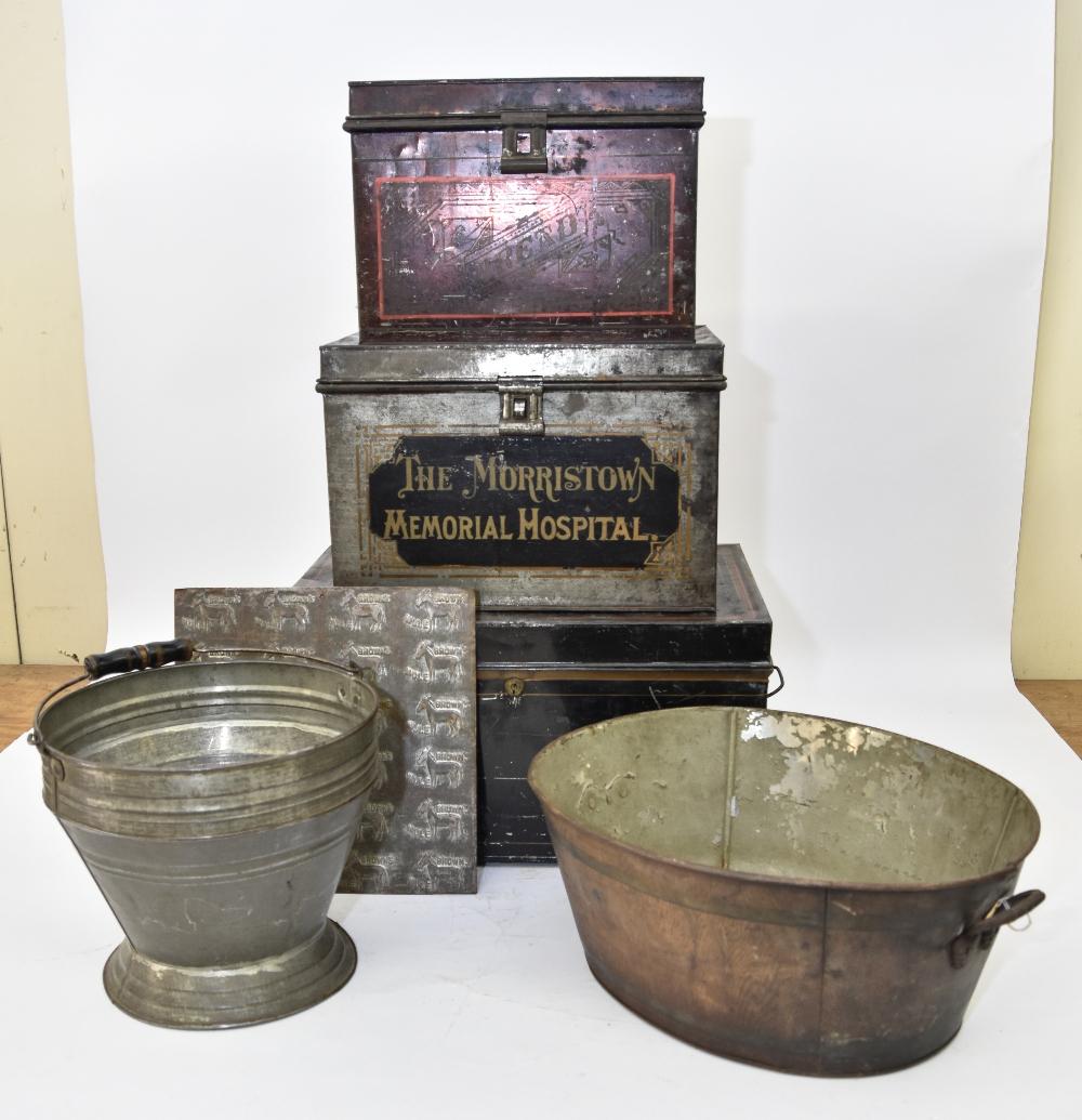 Tinware Bread Boxes etc.: Tinware bread boxes, one"The Morristown Memorial Hospital" 10.5"h x 15.5"w; faux wood painted oval bucket 17"w; a wood handled bucket and a Brown's Mule square 12" x 12"