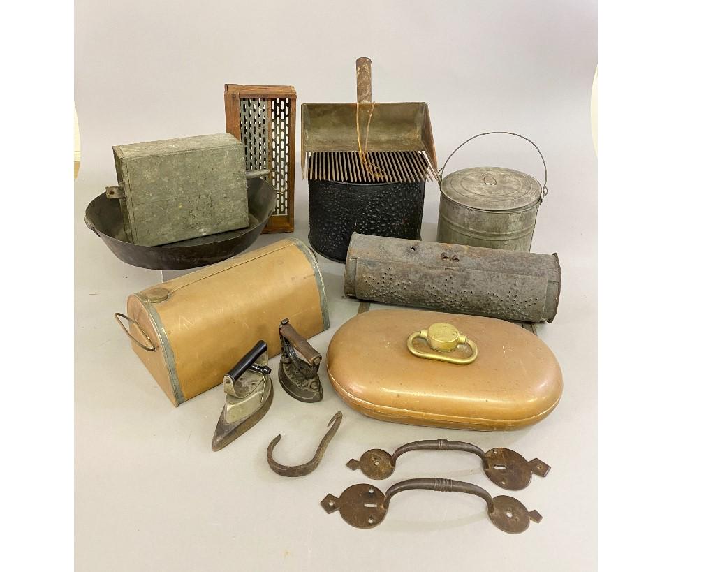 Copper and Tinware: Copper and tinware to include foot warmers 10.25"l; cranberry scoop 13"l; pail, irons, latches, etc.