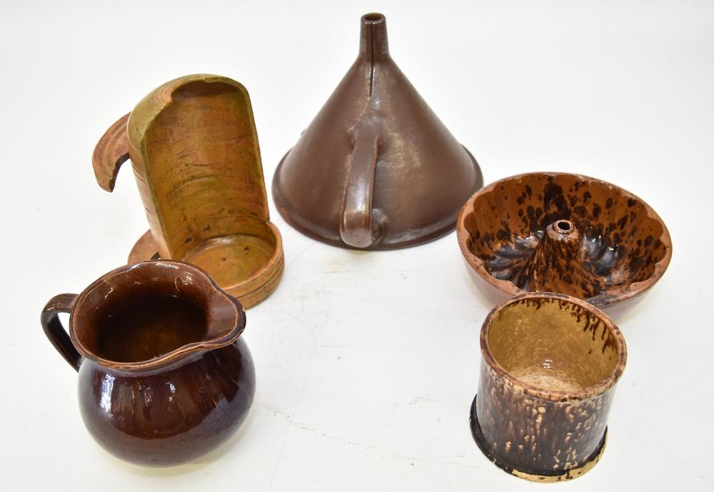 Sewer Tile Folk Art Funnel etc.: Large sewer tile folk art funnel 11"h x 11.75"dia; pottery sconce 10.5"h; redware turks head mold, canister and pitcher