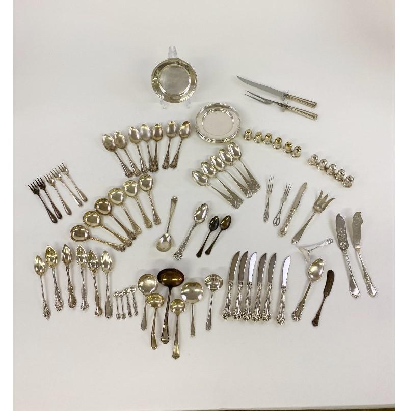 Sterling Silver Flatware Various Patterns: Sterling silver flatware various patterns and tableware, 46 troy ounces; together with seven sterling silver handled small knives and a cutlery set