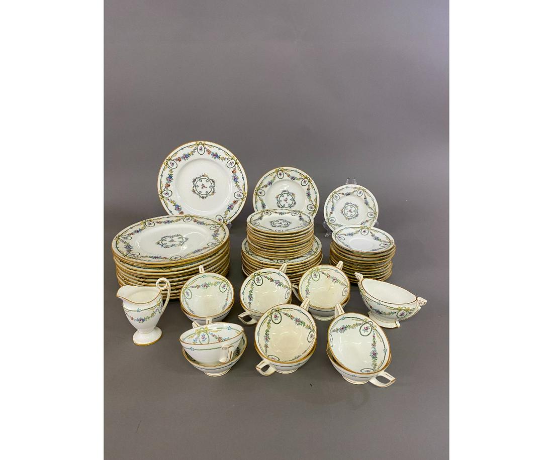 Minton China: Minton china service "Ivanhoe" pattern to include 12 dinner plates 10.25"dia, 10 luncheon plates 7.75"dia, 12 small plates 6.25"dia, 12 cups and saucers, creamer and sugar bowl