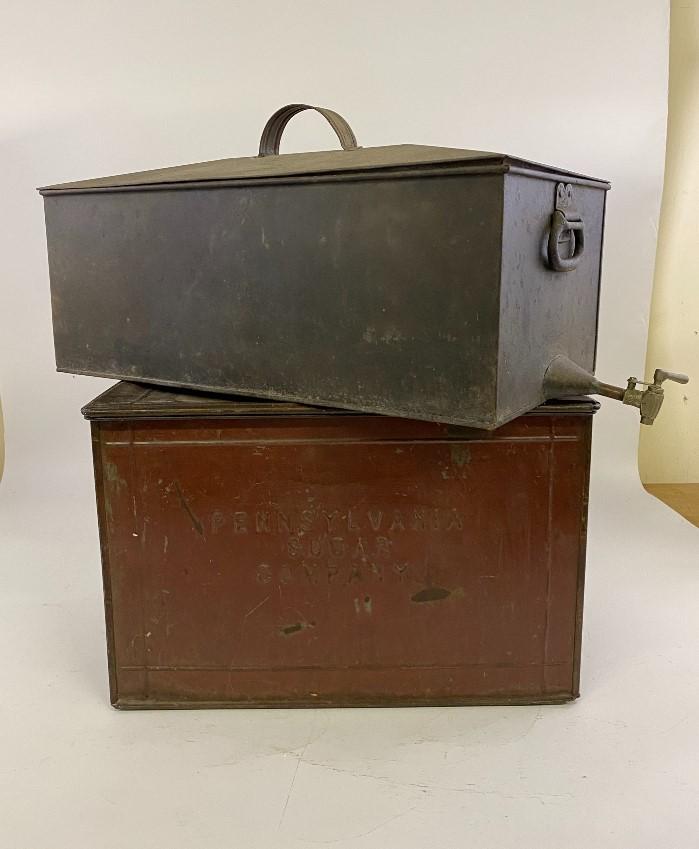 Metal Bin: Metal bin "Pennsylvania Sugar Company" 14"h x 21"l x 15"dia; together with another bin 13"h x 24"w