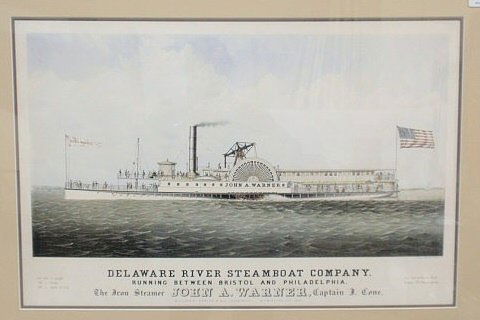 Lithograph of the paddle wheeler "John A. Warner": Lithograph of the paddle wheeler "John A. Warner", Delaware River Steamboat Company. 17"x26.5
