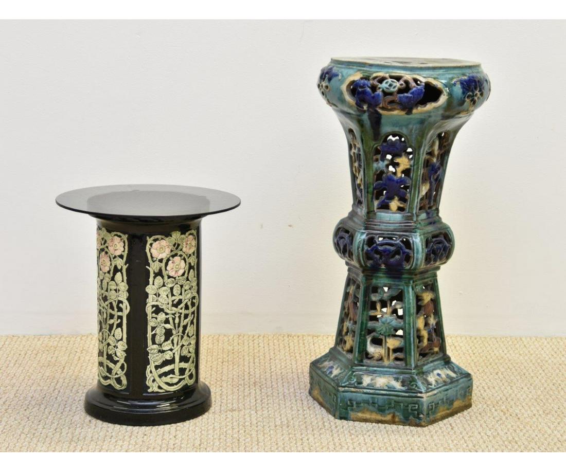Glazed Pottery Pedestal etc.: Glazed pottery pedestal; together with a small ceramic example with round glass top Tallest = 30"h x 14"dia Shortest = 18"h x 15"dia